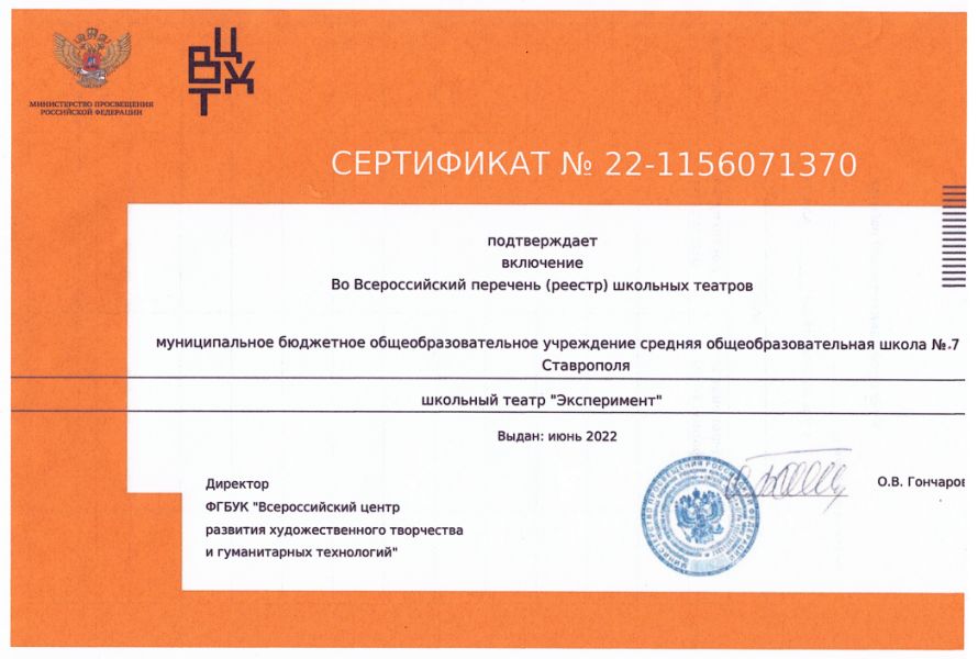 сертификат школьного театра